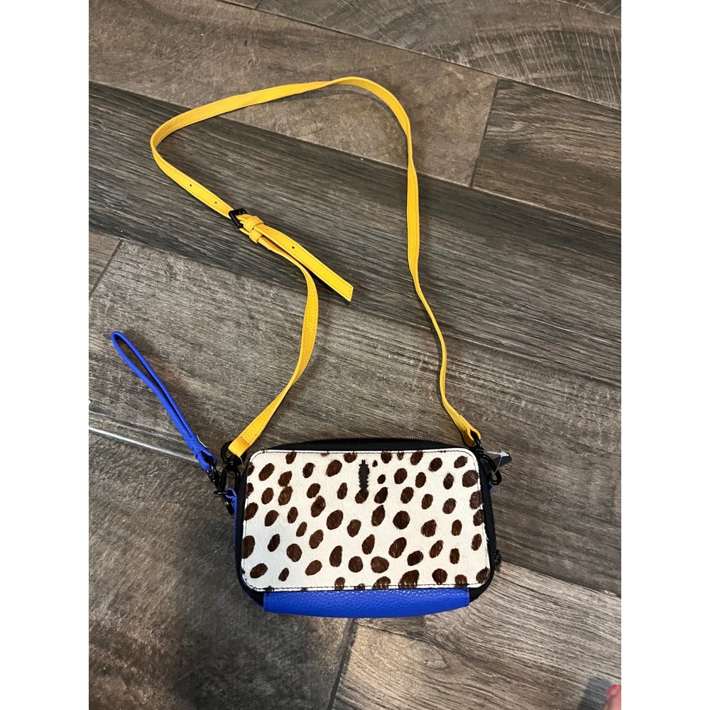 Thacker New York Calf Hair Cheetah Print Crossbody Wallet Bag Blue Yellow